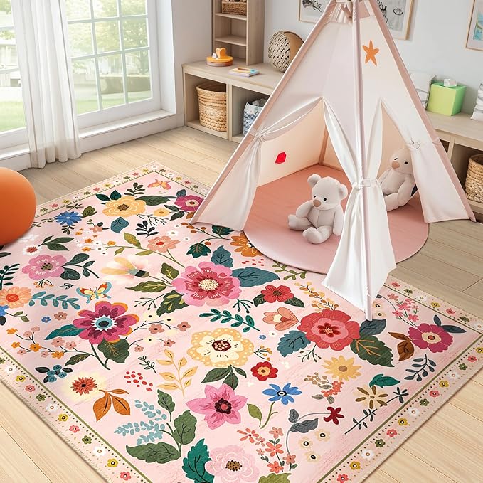RELEANY Floral Nursery 3x5 Area Rugs Washable Print Boho Cute Carpet Non Slip Flower Low Pile for Living Room Kids Girls Playroom Bedroom Kitchen Office Farmhouse-Pink