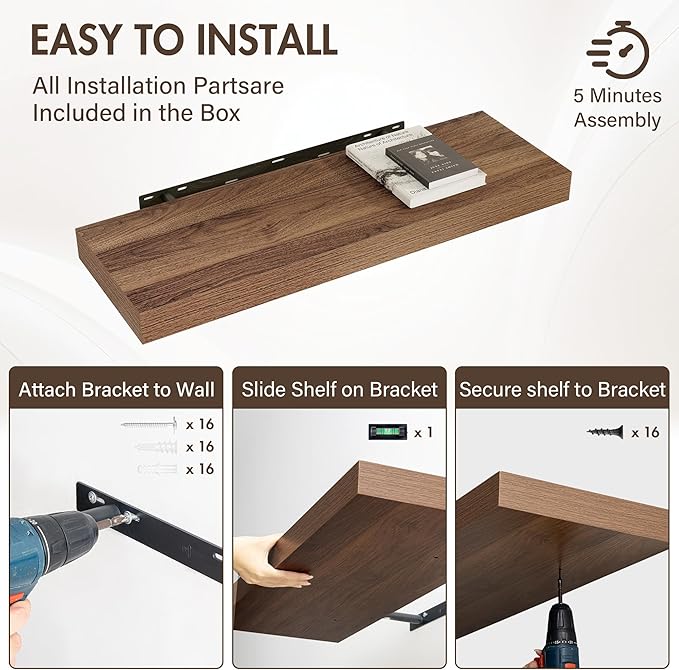 Acovy 36 Inch Floating Shelves, 12" Deep Floating Shelf Wall Mounted, 36" Wall Shelves, Rustic Deep Bookshelf, Extra Deeper & Thicker Display Shelves for Bedroom, Living Room, Walnut, Set of 2