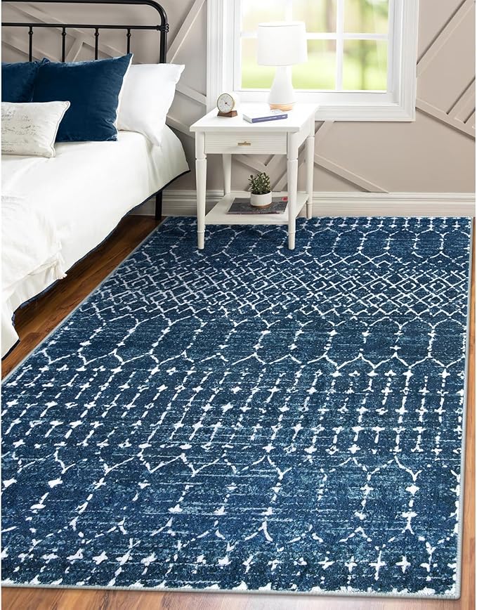 Lahome Moroccan Blue 3x5 Non-Slip Washable Soft Rug for Bedroom Floor Throw, Geometric Print Distressed Indoor Modern Rug for Entryway, Dining Room, Bathroom Hana