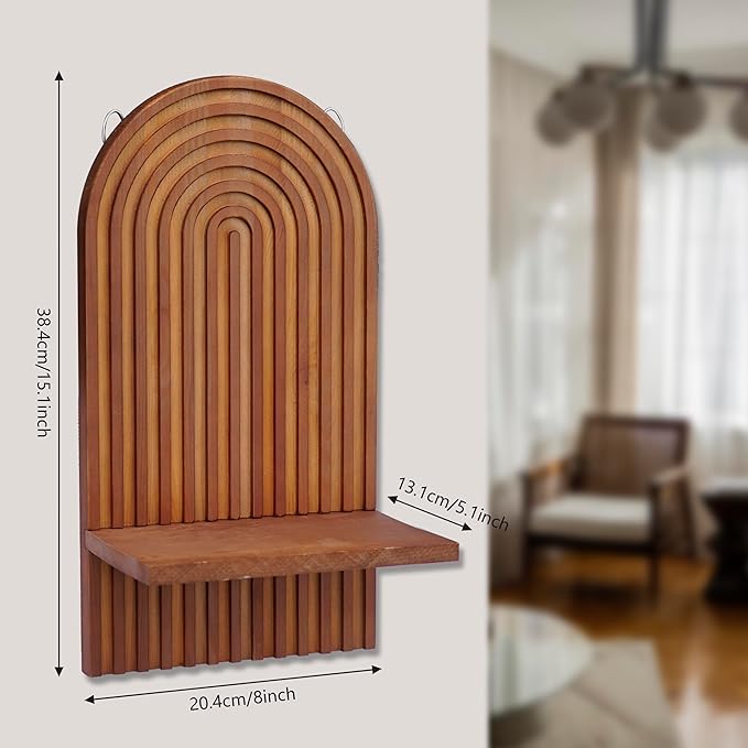2 Pieces Boho Wall Shelf, Mid Century Shelves, Decorative Storage Unit, Decorative Bohemian Rainbow Hanging Shelves for Bathroom, Bedroom, Kitchen, Living Room, Laundry Room (Brown)