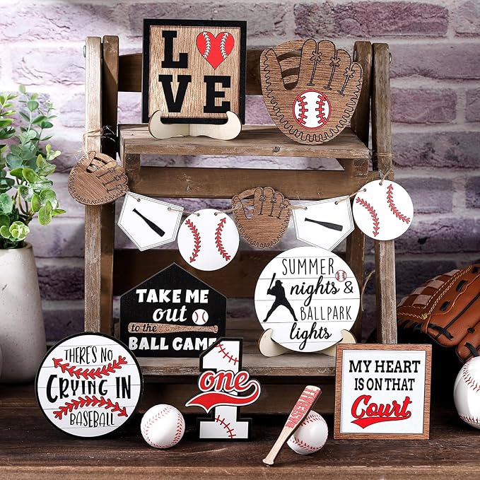 13 Pcs Baseball Tiered Tray Decor Wooden Table Centerpieces Rustic Wooden Baseball Game Sign for Fans Theme Party Ceremony