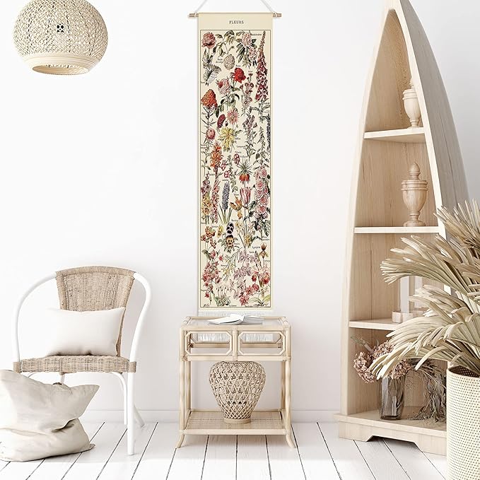 Tegeme Vintage Tapestry 52 x 13 Inch, Long Vertical Wall Hanging Reference Illustrative Botanical Tassel Tapestry for Bedroom Living Room Home Decoration(Flower)