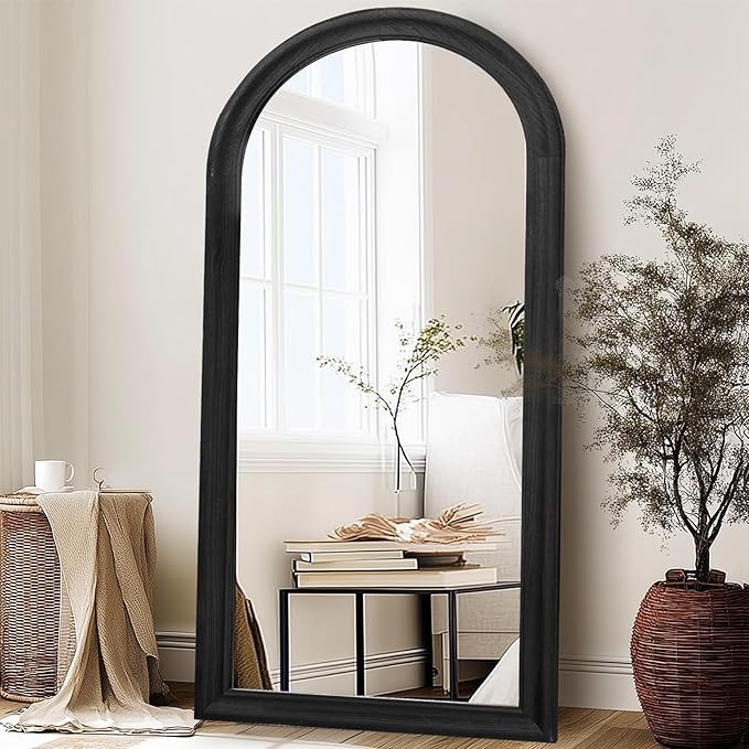 Arched Full Length Mirror 71"x32" - Rustic Black Solid Wood Wall Mirror, Oversized Leaning or Mounted Design for Bedroom, Entryway, Living Room Décor