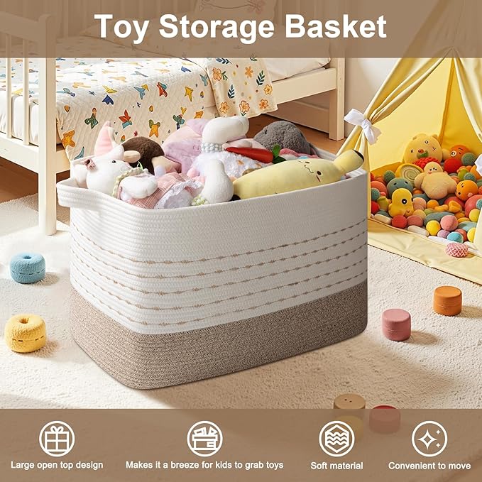 OIAHOMY 108L Extra Large Blanket Basket, 25”x16”x16” Rectangle Woven Cotton Rope Baskets for for Living Room, Toy Storage with Handle- Gradient Light Brown