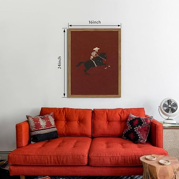 Framed Western Cowboy Wall Art, Gothic Skull Horse Riding Canvas Wall Decor Painting, Vintage Southwestern Cowboy Posters Prints Pictures for Living Room Bedroom 16x24 Inch