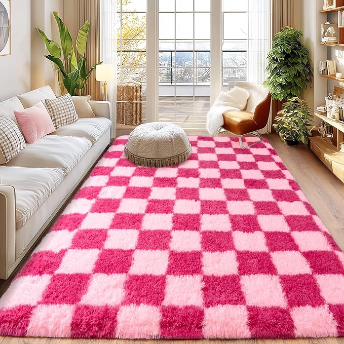 Checkered Rugs for Living Room Bedroom, 5x7 Area Rugs for Living Room, Modern Shaggy Carpets Fuzzy Rug for Boys Girls Dorm Nursery Home Decor Aesthetic, Upgrade Non-Slip Durable, Pink and Hot Pink