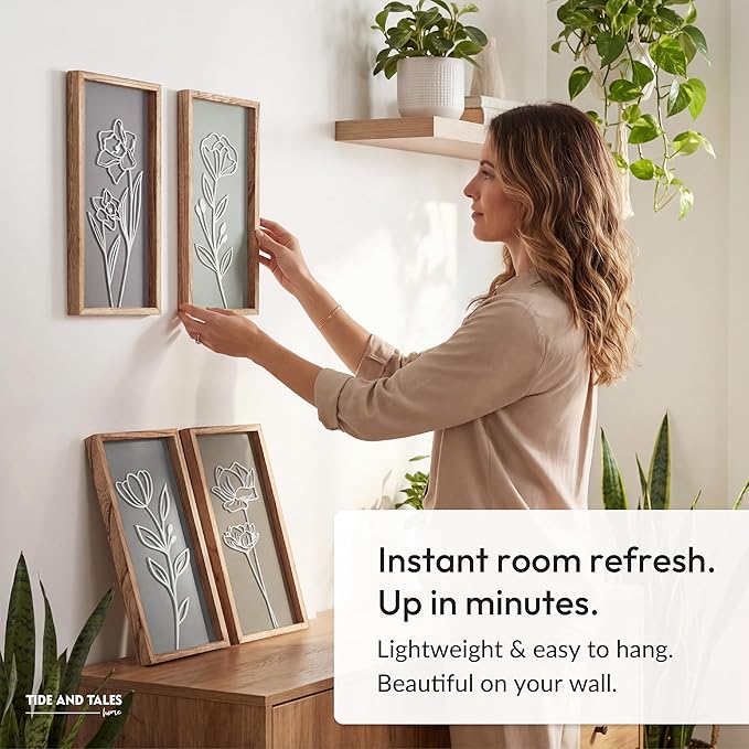 3D Wooden Floral Bathroom Wall Decor (Set of 4) Lightweight, Ready-to-Hang Framed Wall Art For Living Room, Bedroom, or Office - Premium Boho Botanical Farmhouse Decorations - Gift-Boxed