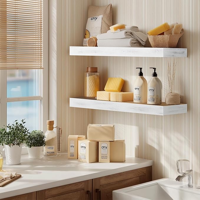 36x6.8x2 Inch Rustic Floating Shelves for Wall Set of 2 - White Solid Wood Wall Mounted Shelves with Invisible Bracket, Extended Design for Farmhouse Living Room Bedroom Kitchen Decor