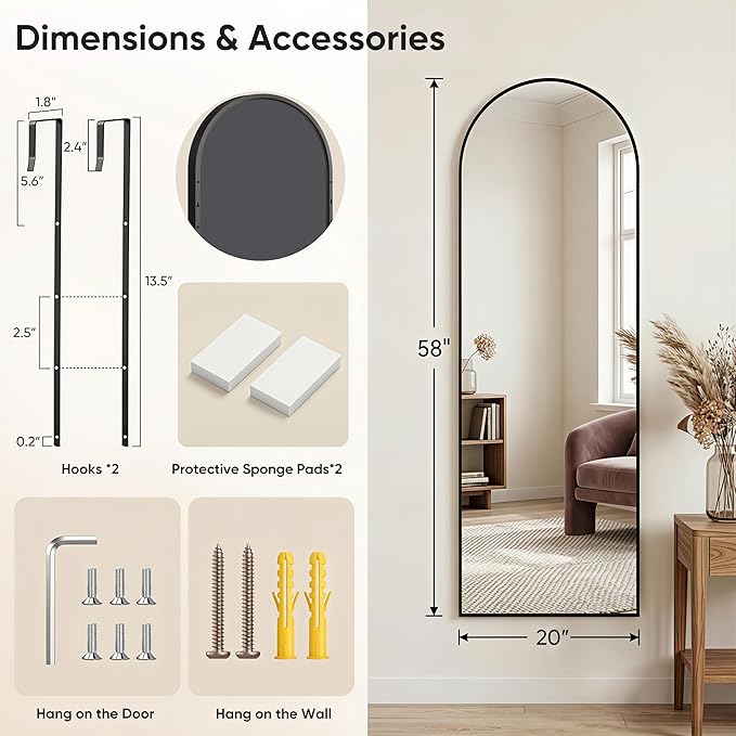 58"x20" Over The Door Mirror, Arched Full Length Mirror with Aluminum Frame, Adjustable Hooks, Wall Mounted or Standing for Bedroom Living Room, Black