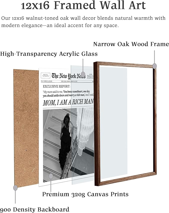 EcoHest Trendy Newspaper Framed Wall Art, Walnut Color 12x16 in OAK Wood Mom I Am a Rich Man Canvas Art, Magazine Girly Poster College Dorm Decor, Set of 1 for Bedroom Living Room