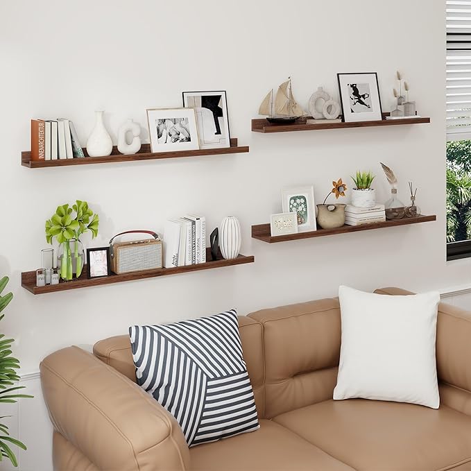 Axeman Picture Ledge Shelf | 36 Inch Walnut Floating Shelves Set of 4 | Rustic Wood Wall Shelves with Lip | 36" Walnut Picture Shelves for Wall with Ledge | Photo Shelves