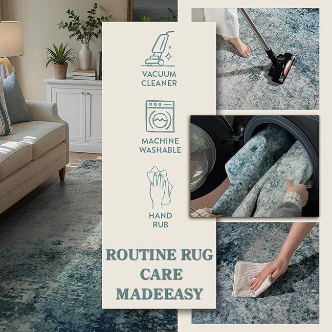Lahome Modern Abstract Area Rugs 3x5 Washable Rug, Throw Rugs for Entryway Low Pile Anti Slip, Stain Resistance Accent Carpet for Bedroom Kitchen Bathroom Laundry Front Door, Blue/Grey