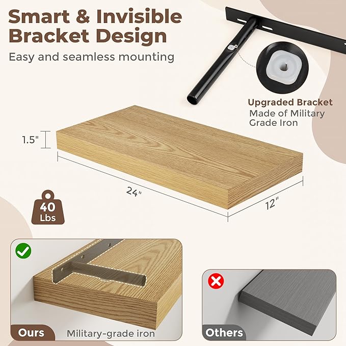 12 Inch Deep Floating Shelves for Wall, 24 x 12 Rustic Wood Grain Bathroom Shelves with Invisible Brackets, Easy Install Wood Storage Shelves for Kitchen, Living Room, Bedroom, Oak, Set of 2