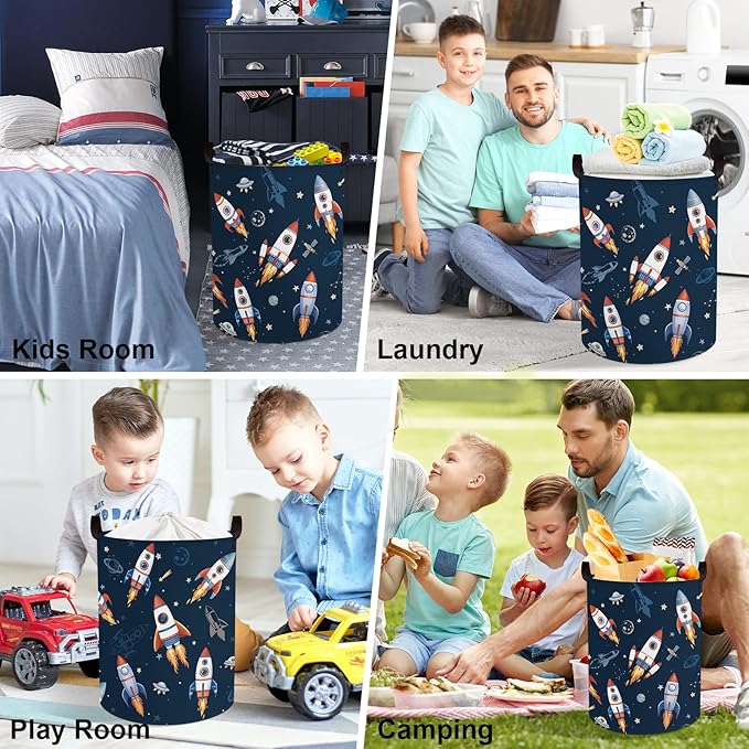 Clastyle Cosmic Space Kids Book Storage Basket Planet Clothes Laundry Basket Parents Gift Toy Box for Bedroom Shower, Rocket, 36x45 cm