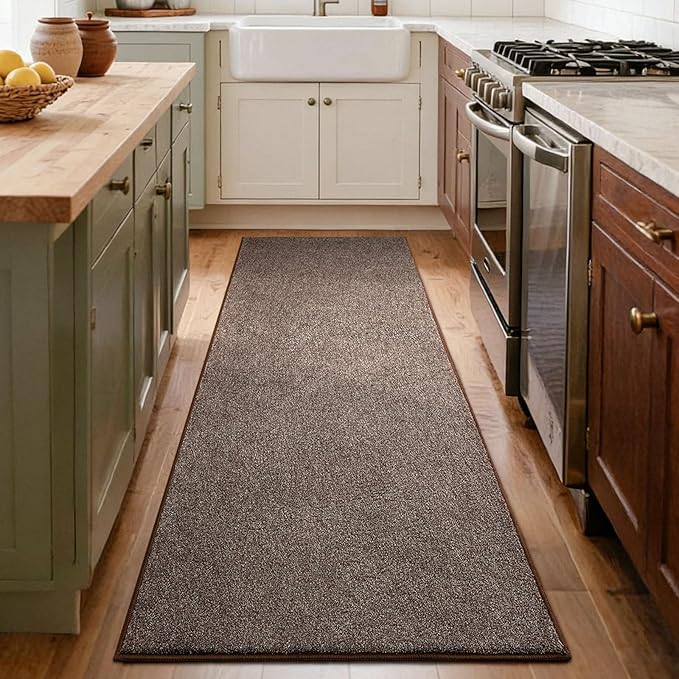 FinRèc 2x6 Washable Runner Rugs for Kitchen Hallway Bedroom, Low Pile Thin Rug Solid Color, Non-Slip Carpet Indoor for Home Decor (Brown/White)