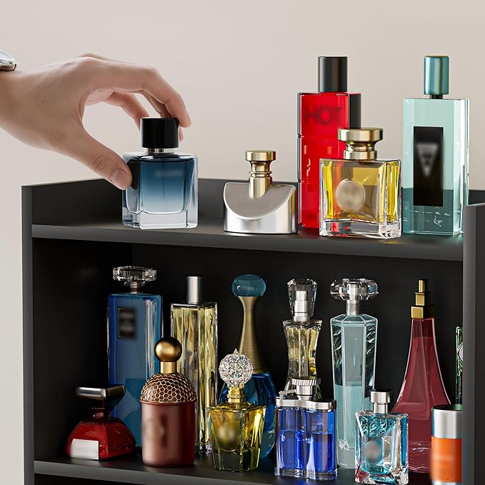 3 Tier Cologne Organizer for Men, Wooden Perfume Organizer Cologne Stand with Drawer Storage Large Capacity, Gift for Men (Black)