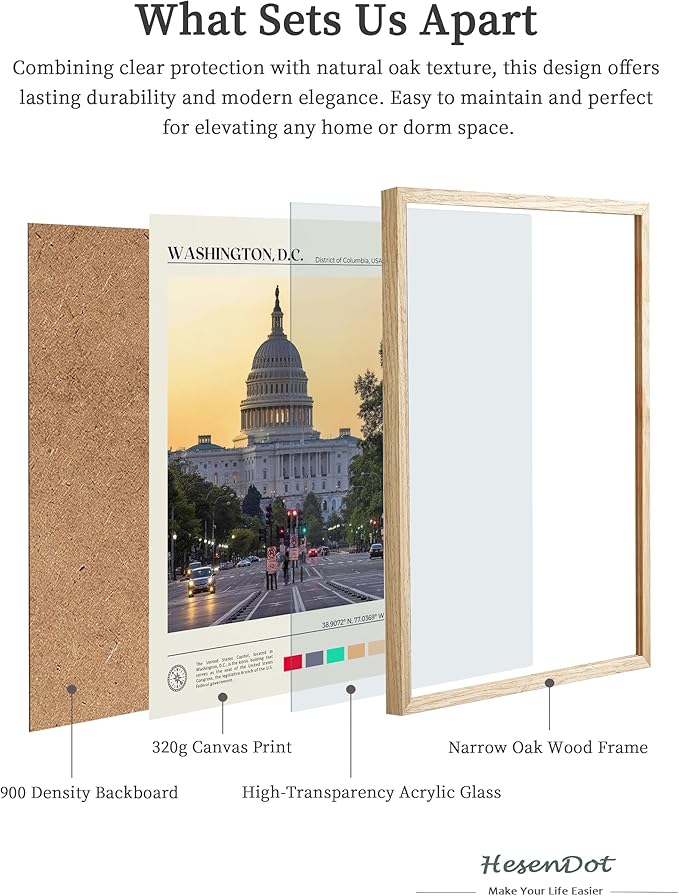 HesenDot Natural OAK Wood Washington DC Framed Wall Art,12x16in US Capitol Building Canvas Wall Print,Classic Urban Landmark Home Decor for Living Room Bedroom Office Gallery, Set of 1