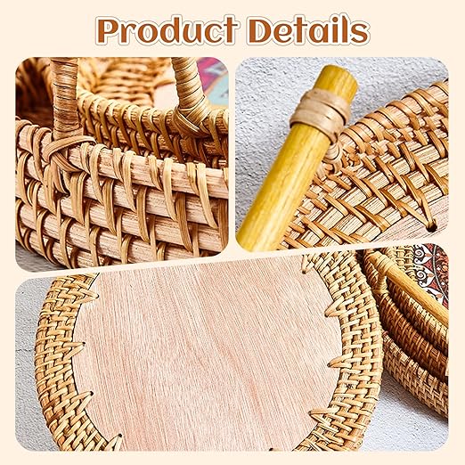 24cm/9.45in Oval Rattan Woven Tray Basket with Handles, Hand Woven Round Rattan Serving Decorative Wicker Trays for Table Decor (M)