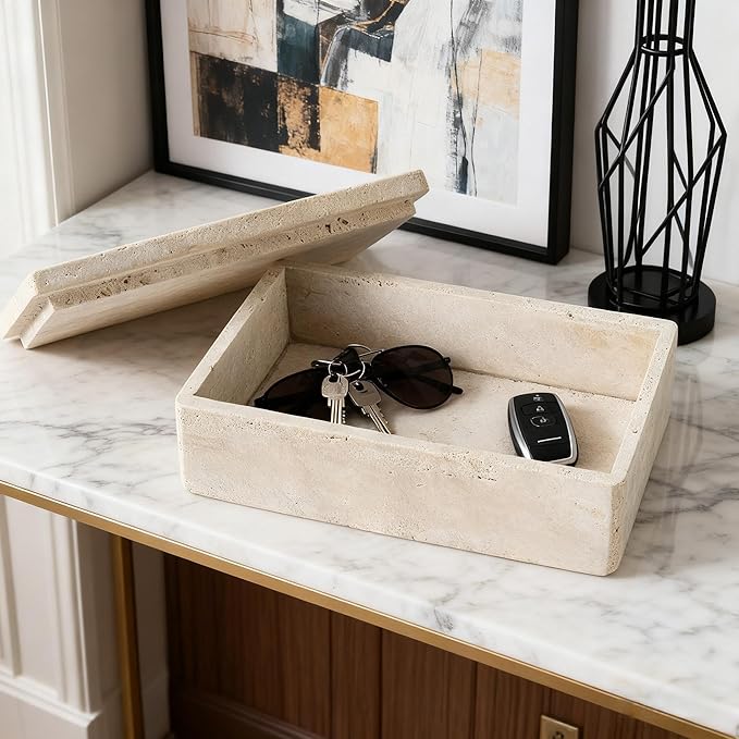 Natural Marble Storage Rectangle Containers Cotton Swab Holder, Organizers with Lids,Travertine Stone Box for Qtips, Makeup, Bathroom Essentials & Home Storage (rectangular box)