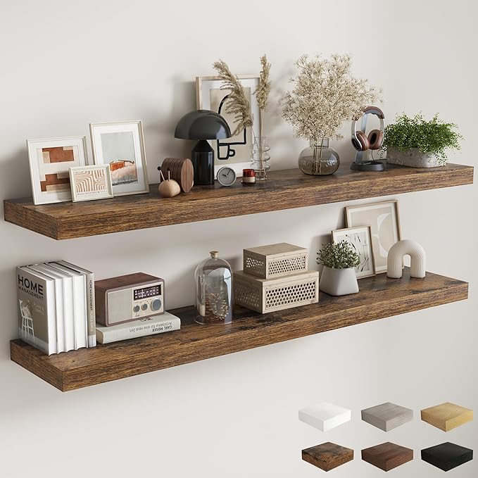 Fun Memories 12 Inch Deep Floating Shelves, 67 Inch Long Extra Large Floating Shelves for Home & Office, Wall Shelves with Invisible Bracket, Rustic Brown, Set of 2