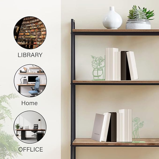 Flower Vase Bookends, Metal Decorative BookEnds for Shelves Cute Book Ends for Office Home Decor, Ideal Gift for Book Lovers (Green)