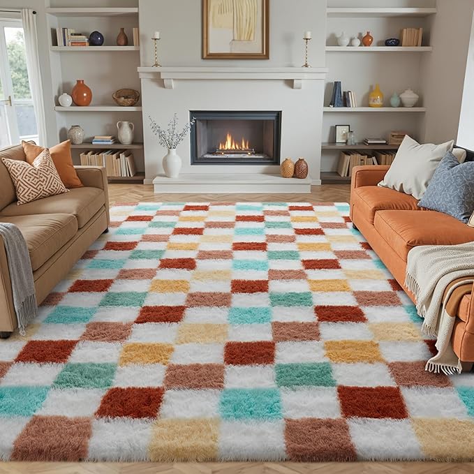 PureCozy Area Rugs 8x10 Clearance for Living Room, Colorful Modern Shag Rug Washable Non-Slip Large Area Rug Super Soft Indoor Fuzzy Carpet Fluffy Rugs for Bedroom Home Aesthetic Decor