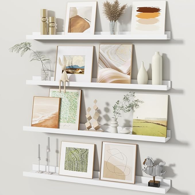 Fun Memories Picture Ledge Shelves Set of 4, 32 Inch Rustic Wall Mounted Floating Shelves with Lip for Home Storage and Décor in Bathroom, Kitchen, Nursery, Bedroom, Living Room, White