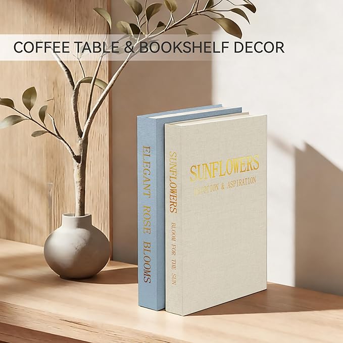 Premium Linen Decorative Book Box Set of 2 - Letter Gold Foil Embossed with Hidden Storage | Coffee Table, Bookshelf & Mantel Decor & Keepsake Organizer to Elevate Home Aesthetic,Blue
