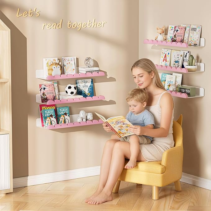 6-Pack Nursery Book Shelves, Scalloped Floating Shelves for Wall Kids, 15.7" Wood Wall Book Shelf for Bedroom Kids, Toddler Room, Baby Room, Nursery Decor,White and Pink