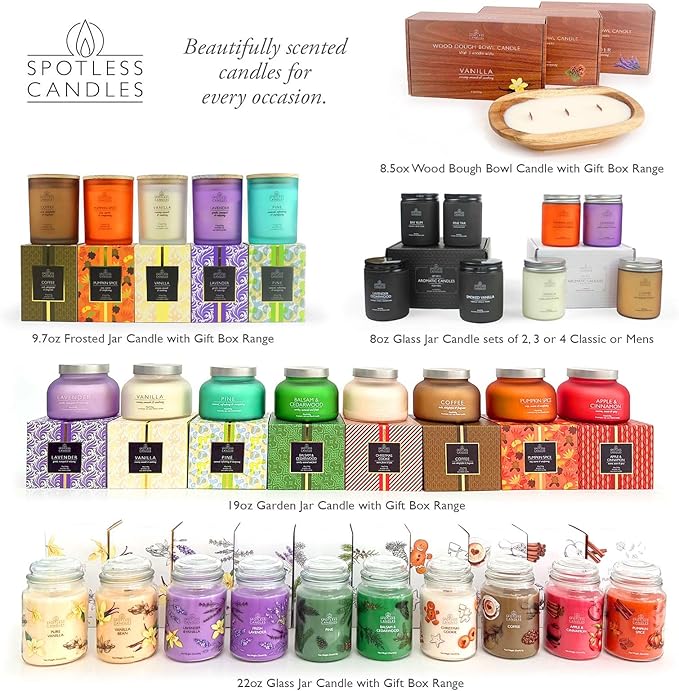 Candles for Women - 4 x 8oz Colored Glass Jars (3.7" H x 2.87" Dia) Mixed Set of Classic Scents Pumpkin Spice, Coffee, Vanilla, Lavender, 200 Hours Burn Time, Classic Candle Set by Spotless Leopard