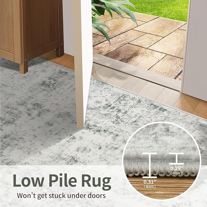 Rugxara 5x7 Area Rugs for Living Room Bedroom, Grey Washable Rug, Vintage Abstract Boho Rug, Non Slip & Low Pile Faux Wool Carpet for Indoor Dining Room and Farmhouse(Grey 5x7ft)