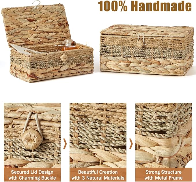 2PCS Wicker Storage Baskets with Lids Decorative Bohemian Handmade Rattan Boxes Natural Water Hyacinth Seagrass Paper Rope Woven Bins Shelf Container Memory Keepsake Photo Makeup Organizer