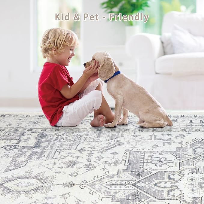 Srugn Area Rug 8x10 Washable Area Rugs for Living Room,Bedroom, Dining Room- Ultra Soft Non-Shedding Faux Wool Retro Rugs,Large Vintage Carpets with Non Slip Rubber Backing for Farmhouse Home Office
