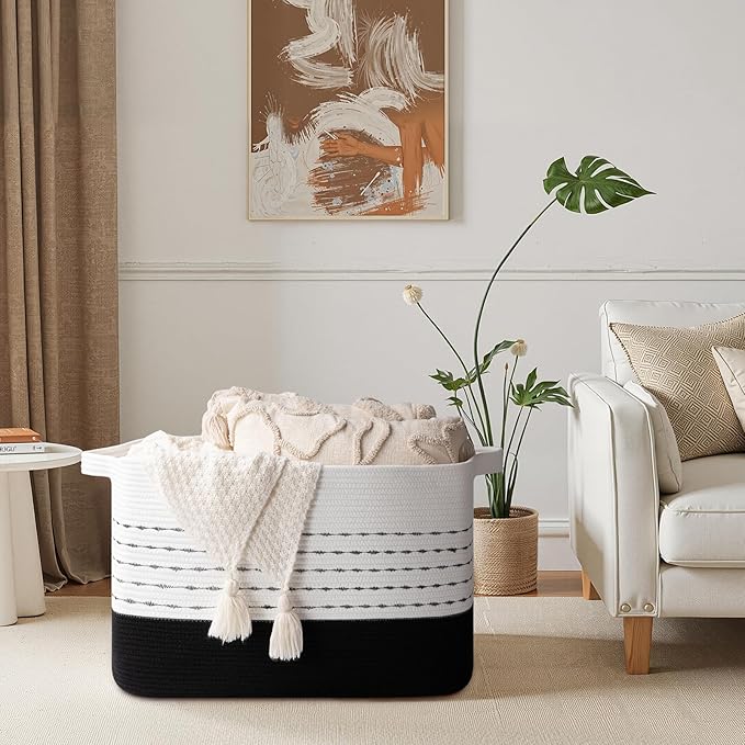 OIAHOMY 108L Extra Large Blanket Basket, 25”x16”x16” Rectangle Woven Cotton Rope Baskets for for Living Room, Toy Storage with Handle- Gradient Black