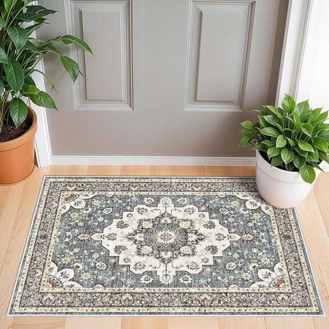 Washable Oriental Area Rug - 2x3 Rugs for Living Room Soft Carpet for Bedroom Waterproof Floral Distressed Indoor Stain Resistant Non-Shedding Floor Carpets (Blue, 2x3)