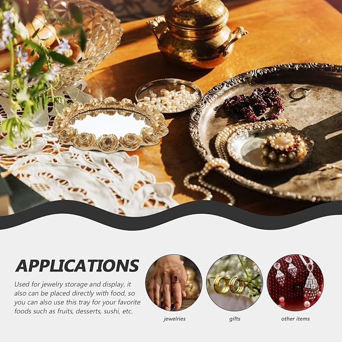 VALICLUD Gold Mirror Rose Decorative Tray Jewelry Accessory Vanity Tray Round Makeup Organizer Perfume Display Plate for Dresser and Bathroom Counter