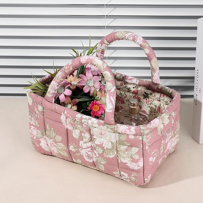 Small Storage Basket Organizer, Mini Quilted Fabric Basket with Handle, Collapsible Storage Bin for Socks, Keys, Diapers