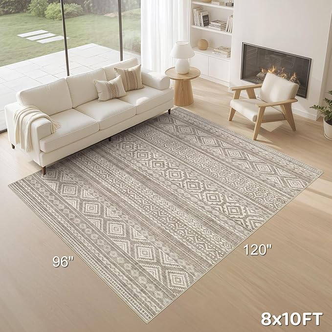 cotiled 8x10 Area Rug Living Room: Washable Boho Rugs with Non Slip Backing Large Soft Indoor Stain Resistant Carpet for Bedroom Farmhouse Dining Room Lightweight Home Decor Coffee Brown