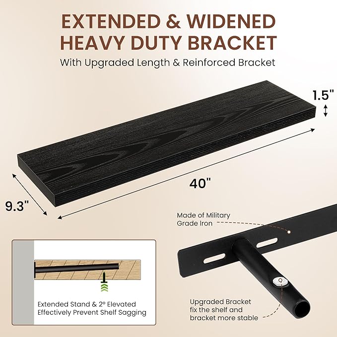 Dreamland 40 Inches Floating Shelves for Wall, 9.3" Deep Long Floating Shelves Set of 2, Large Display & Storage Shelf, Wall Shelf for Bathroom Bedroom Living Room Kitchen Office, Black