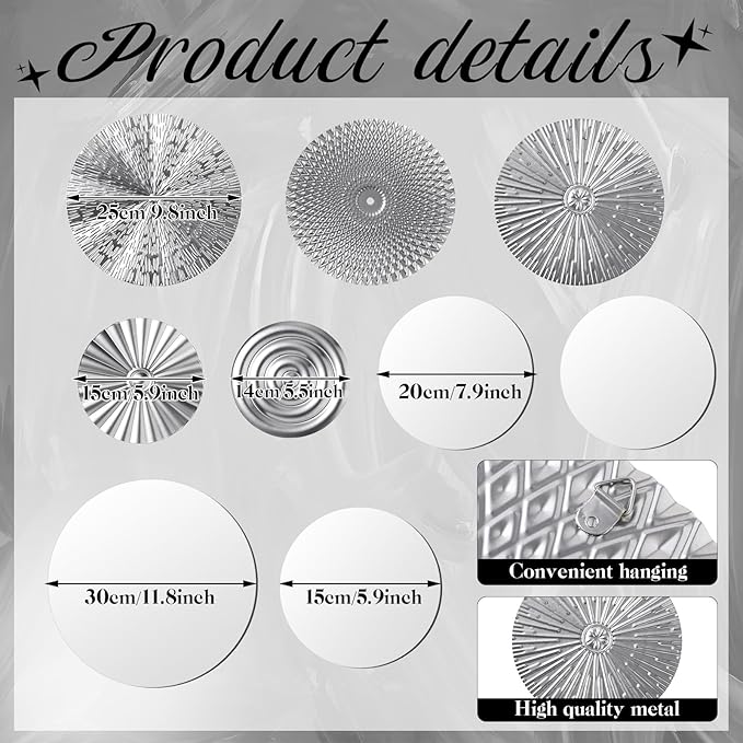 Blulu 9 Pcs Silver Mirror Wall Decor Metal Round Home Art Decor Decorative Modern Circle Mirror Wall Art Sculpture Hanging Decorations for Home Living Room Office