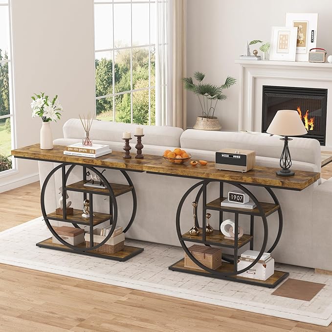 Entryway Table for Foyer,47.2 Inch Industrial Narrow Console Table,Accent Decor Living Room Furniture,Hallway & Sofa Table for Entrance,4-Tier Storage Shelves,Metal Frame,Thick Wood Top