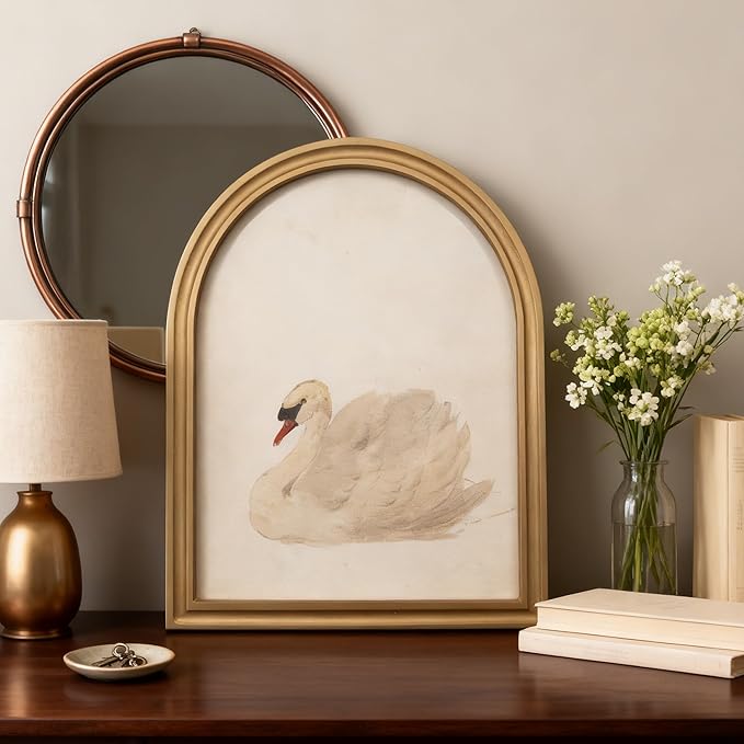 TwoDays Gold Vintage Arched Wood Framed Wall Art – Swan Canvas Picture for Home Aesthetic Wall Decor, Cottagecore Farmhouse Artwork Prints for Living Room, Bedroom (11" x 13.8")