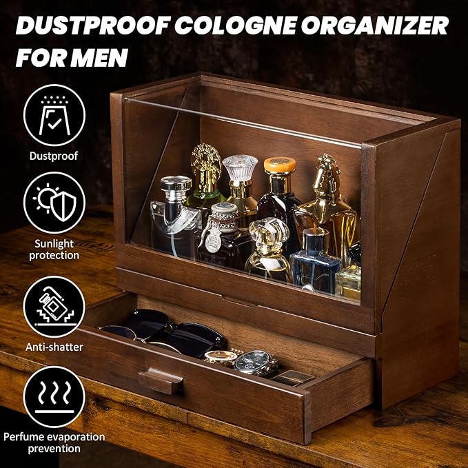 Miratino Cologne Organizer for Men, Wood Cologne Stand with Drawer, Large Capacity Cologne Shelf with Cologne Holder Display Large Storage Size15.6 * 11.8 * 6.1in