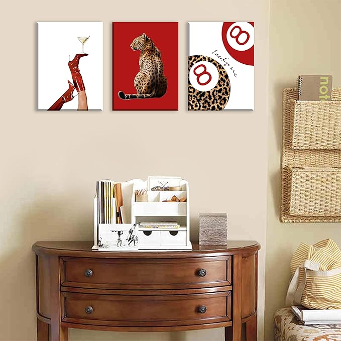 3Pcs Trendy Leopard Wall Art Preppy Funky Red Boot Martini 8 Ball Wall Decor Pictures Vintage Feminism Aesthetic Cheetah Canvas Poster Prints for Girly Bedroom Apartment Dorm Decoration 16X24