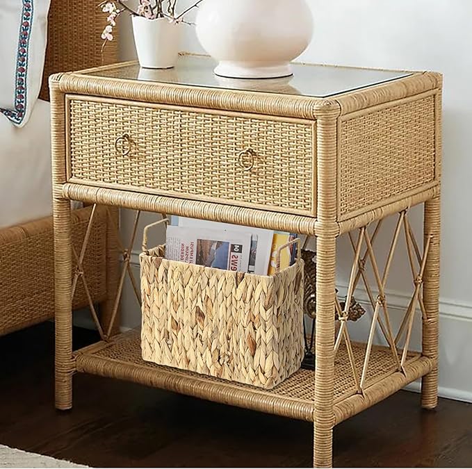 BTSKY Woven Magazine Holder, Water Hyacinth Magazine Basket, Natural Narrow Storage Basket Bin for Books & Files, Magazine Rack with Built-in-Handle for Home, Office & Desk - 12.1x5.6x10.9 Inch