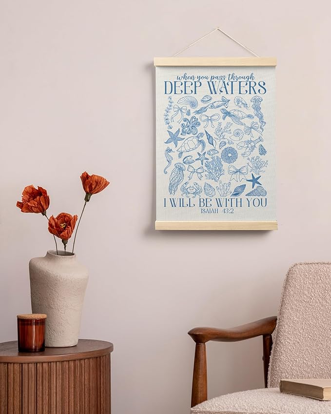 FGFK Retro Blue Christian Ocean Wall Art Poster Hanger Frame, Coastal Beach Isaiah 43:2 Bible Verse Religious Canvas Prints Framed Wall Decor for Home Office, 12x16 Inch