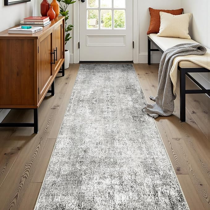 RELEANY Washable Area Rugs 2'x8' Non-Slip Modern Abstract Soft for Living Room Entryway Bedroom Nursery, Print Pattern, Gray White Grey