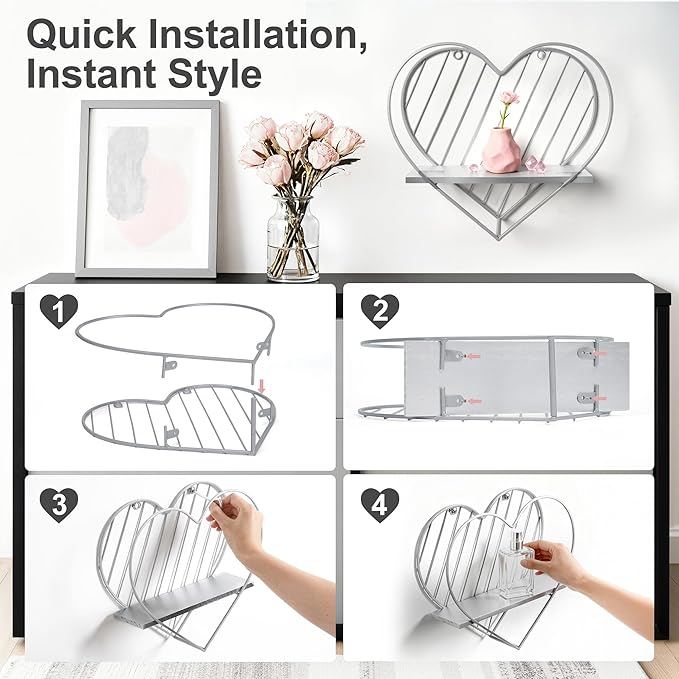 Afuly Wall Shelf Metal Grey Floating Shelves Heart Design Small Shelf Storage Rack Modern Romantic Farmhouse Style Cute Fancy Unique Nursery Room Bathroom Bedroom Wall Decor