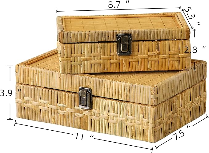 SOFE Rectangular Rattan Box with Lid Set of 2 - Boho Decorative Basket for Shelf Bathroom Storage - Woven Bins Organizer for Jewelry, Snacks, Toys, Keys