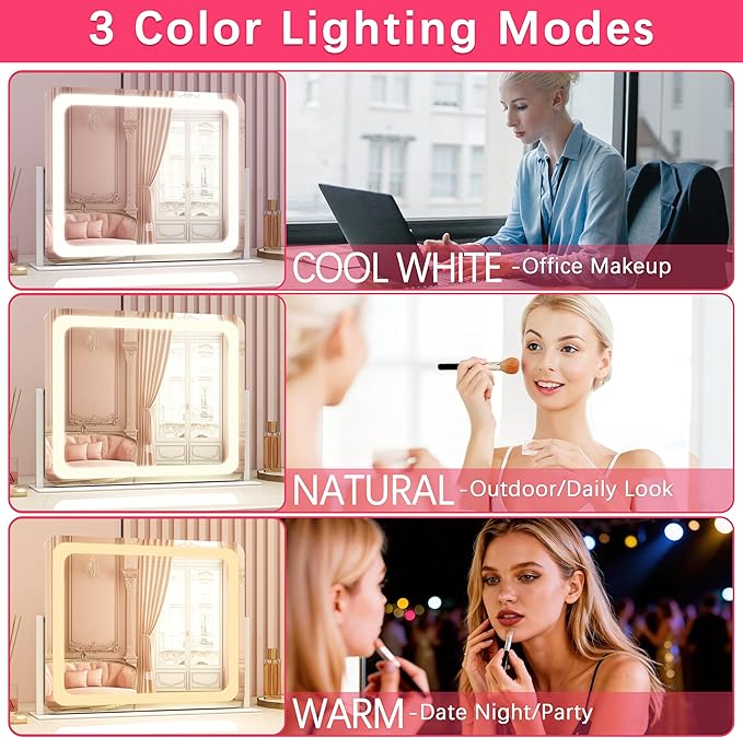 ROLOVE Large Vanity Mirror with Lights, 22"x17" Lighted Makeup Mirror for Desk, 3 Color Dimmable LED Lights, Smart Touch Control & 360° Rotation Tabletop Dresser Mirror (White)